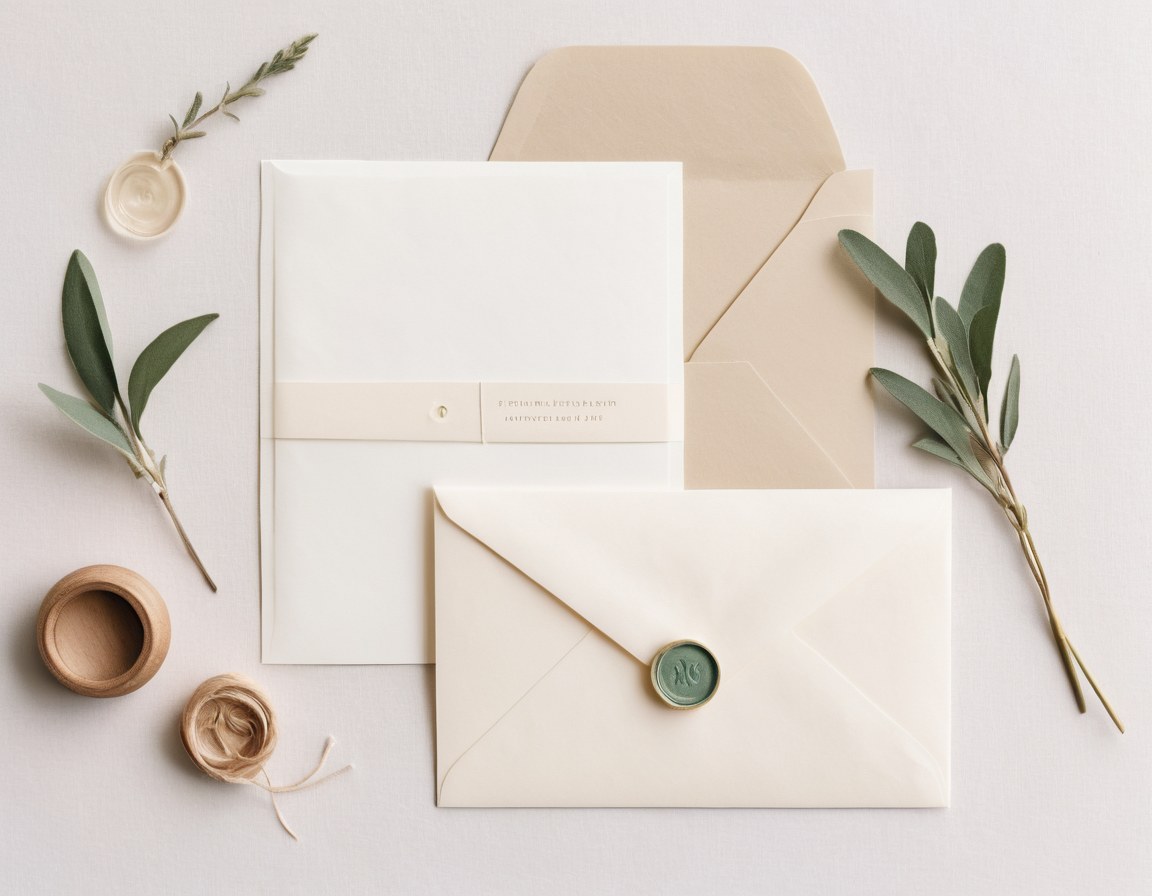 Suite de invitación en papel de algodón con papel vegetal, sobre forrado y sello de lacre