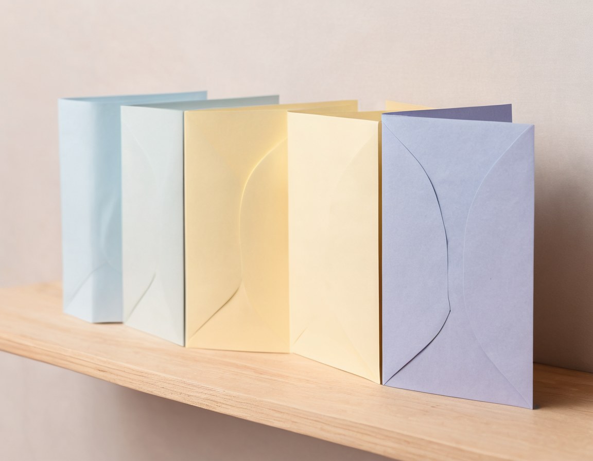 Tarjetas dobladas en azul polvo, amarillo mantequilla y lavanda sobre una repisa clara