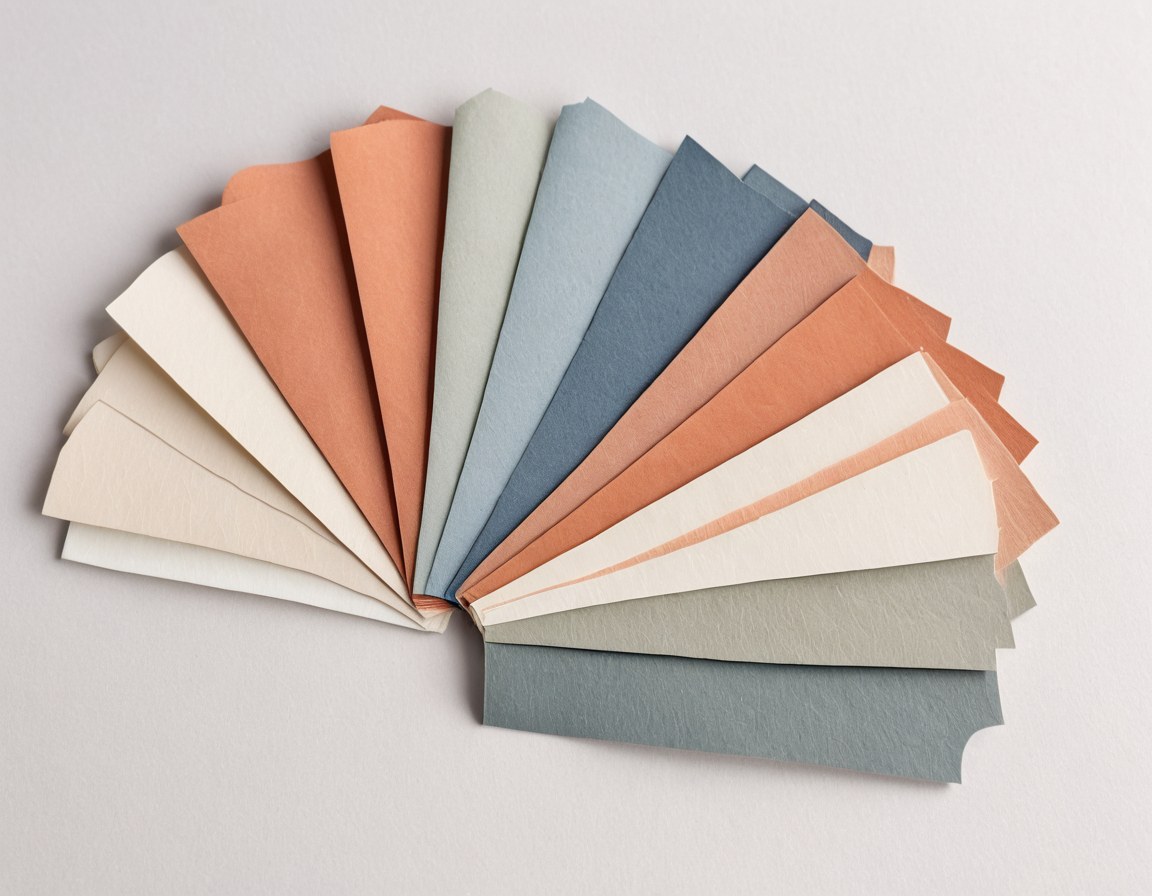 Abanico de muestras de papel texturizado en marfil, salvia, terracota y azul pizarra