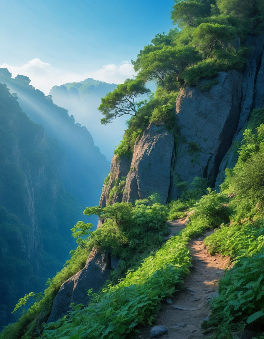 Ladera de vivero con follaje en capas y neblina azul