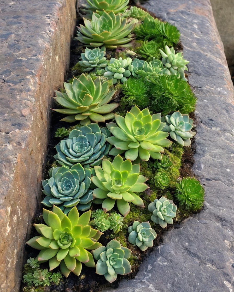 Suculentas y musgo sobre una repisa de piedra sombreada
