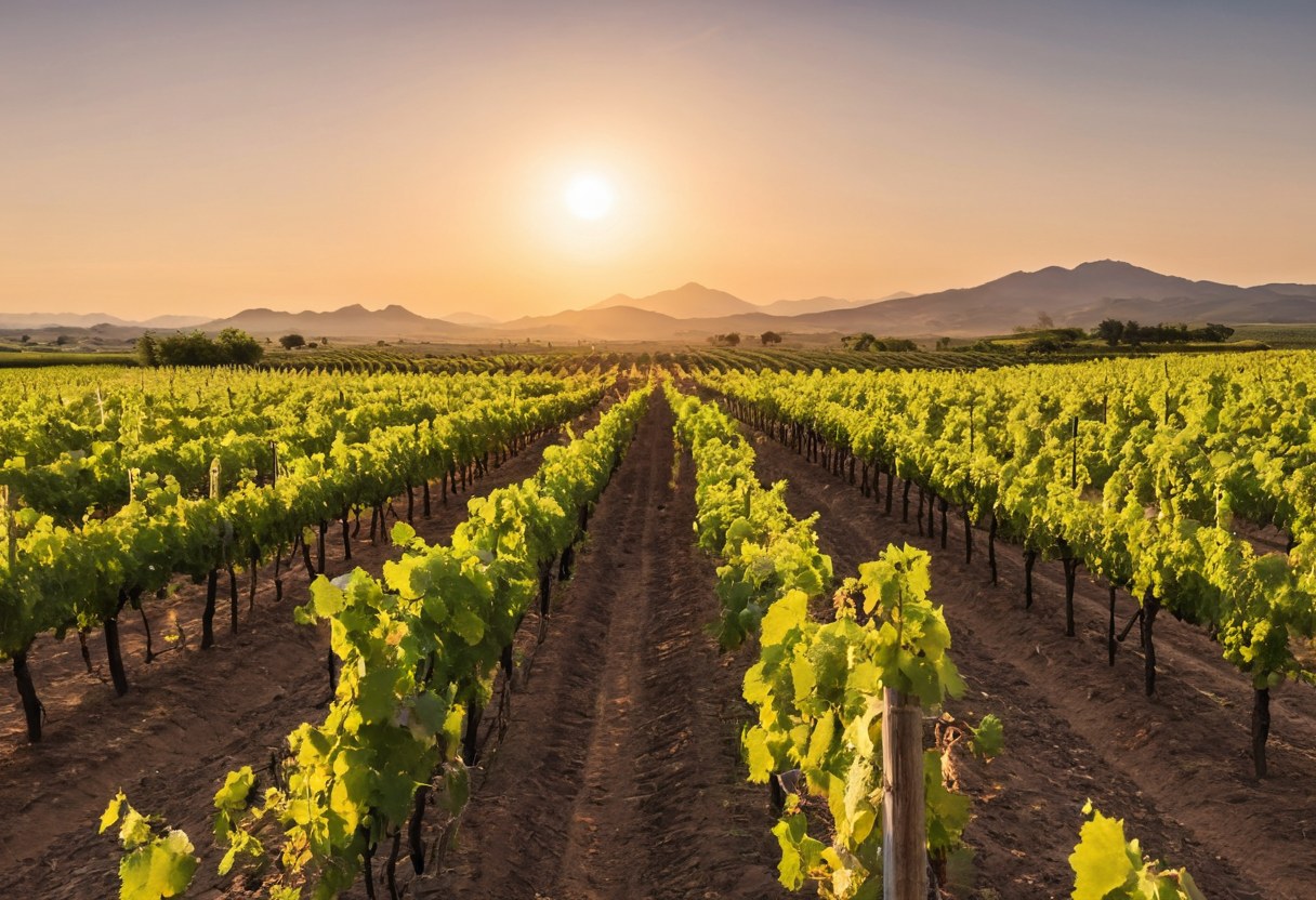 Hileras del viñedo al atardecer con los cerros detrás