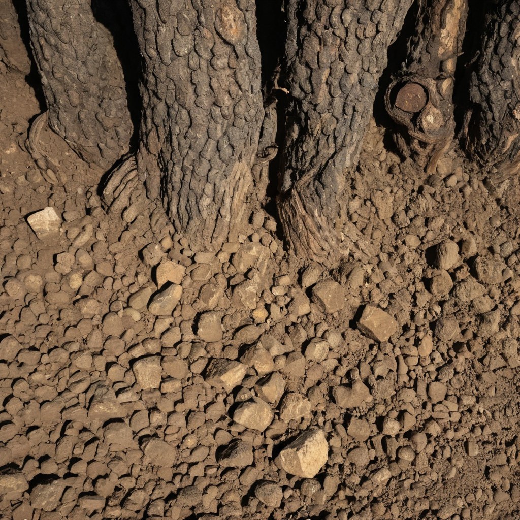 Tierra de grava y troncos de cepa vieja entre las hileras