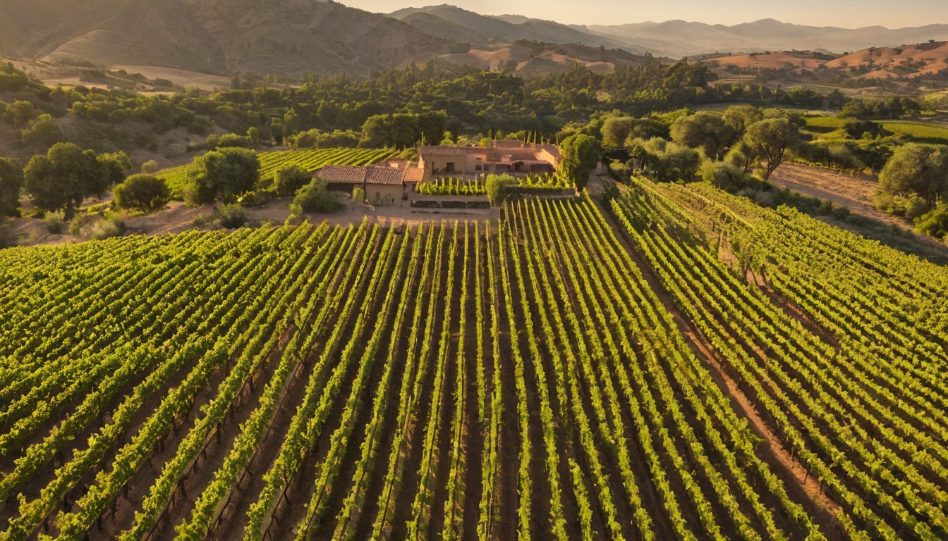 Vista aérea del viñedo y la casa de la finca al atardecer