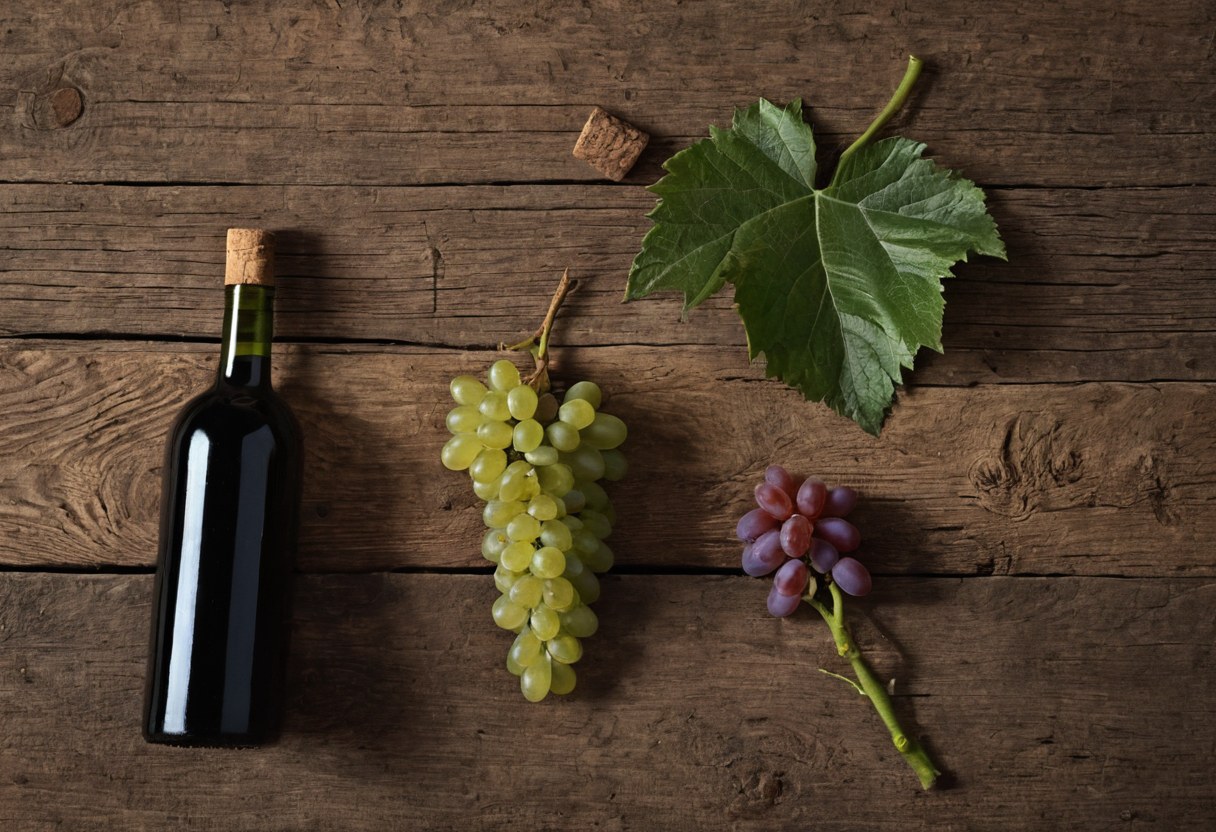 Botella sin etiqueta, uvas, corcho y hoja de vid sobre madera