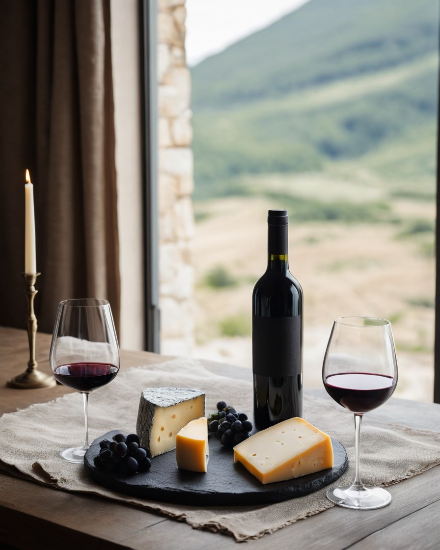Mesa de cata con botellas sin etiqueta, copas y una tabla de queso