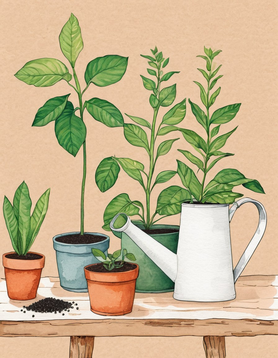 Naturaleza muerta de jardinería: regadera, sustrato, hojas y macetas de cerámica