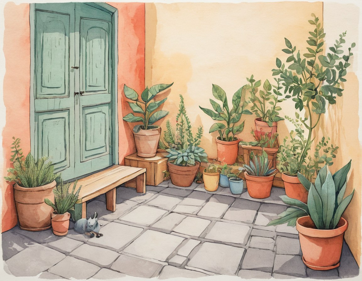 Esquina ajardinada del barrio con plantas, banca de madera y macetas agrupadas