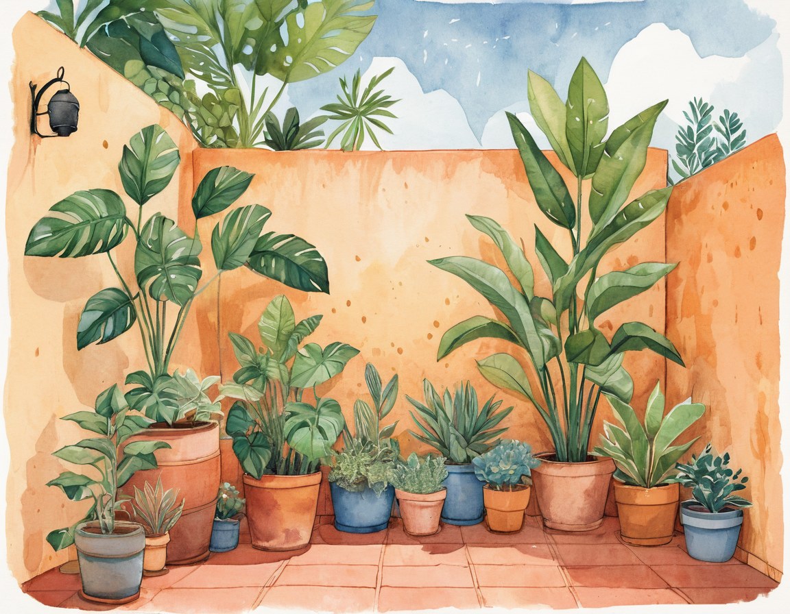 Patio de casa lleno de plantas con barril de captación de lluvia