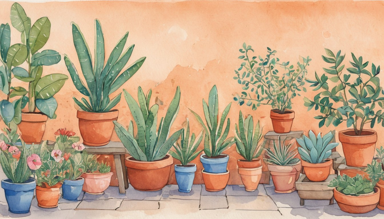 Muro del patio del vivero con plantas y alfarería alrededor de un centro despejado