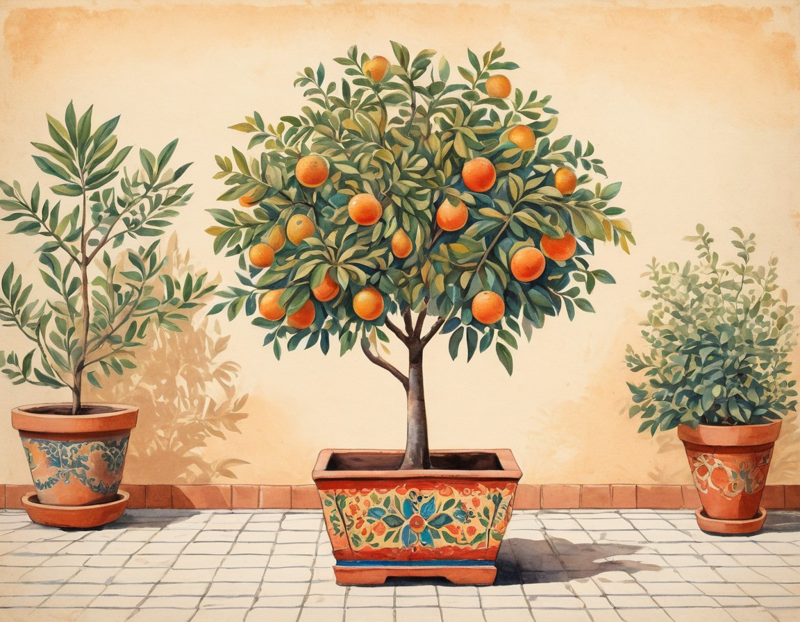 Árbol frutal joven en maceta decorada dentro de un patio de vivero