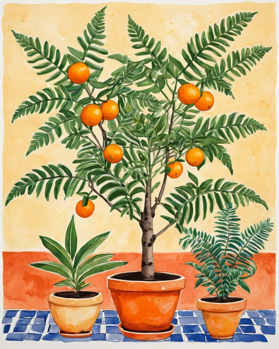 Árbol cítrico de patio con macetas vidriadas y helechos