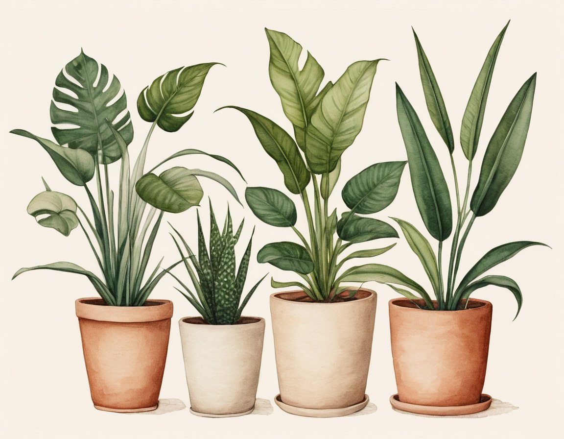 Plantas de interior en macetas de barro pintadas a mano