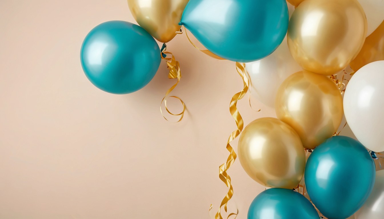 Listones de fiesta y globos desenfocados en tonos petróleo y dorado