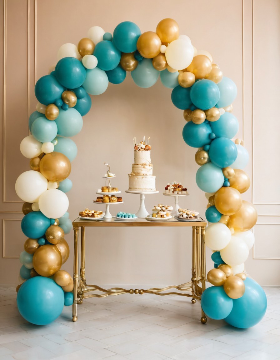 Arco de globos en tonos petróleo y dorado sobre una mesa de postres