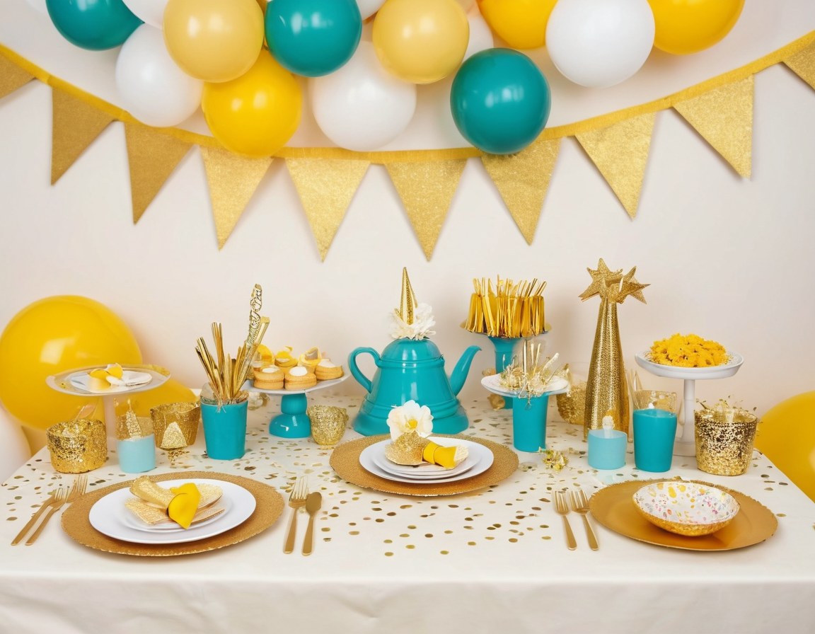 Mesa temática con abanicos de papel, estrellas dobladas y confeti dorado