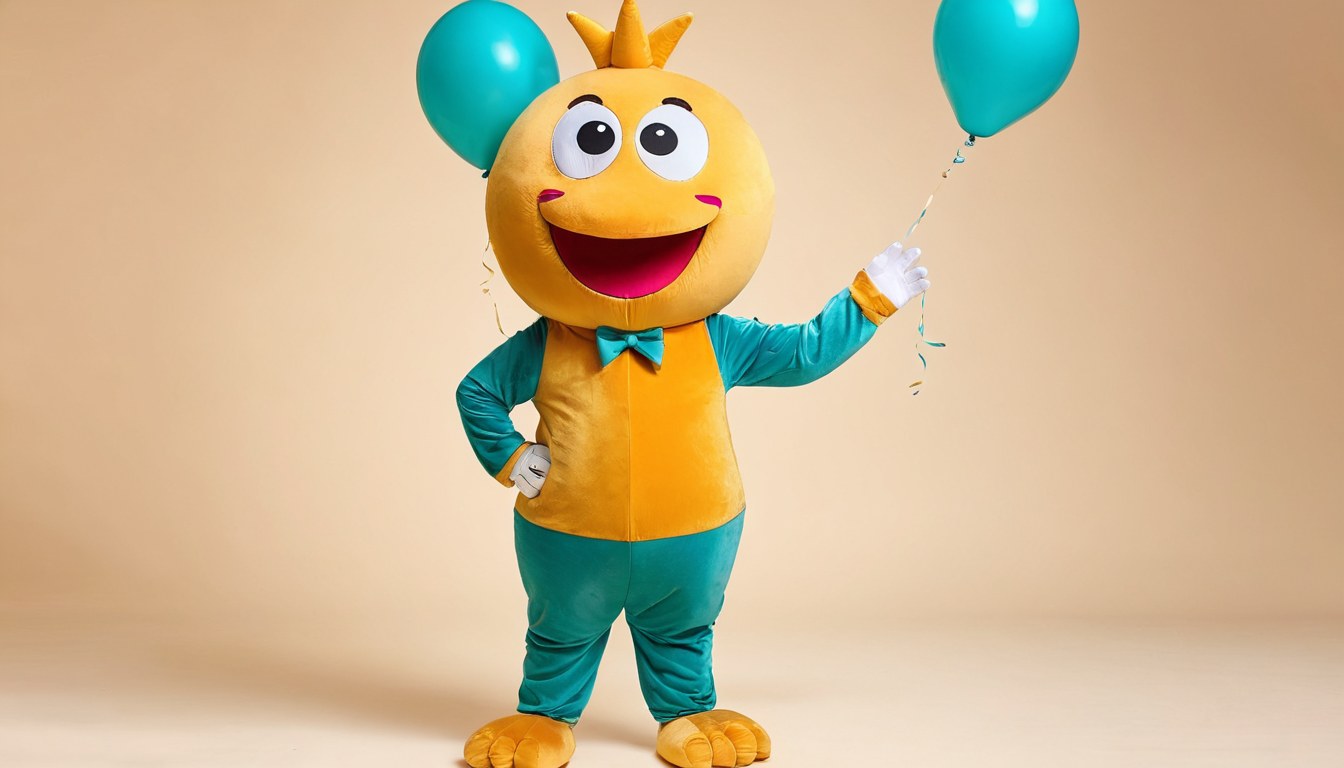 Personaje de botarga original listo para recibir a los invitados en un salón de fiestas