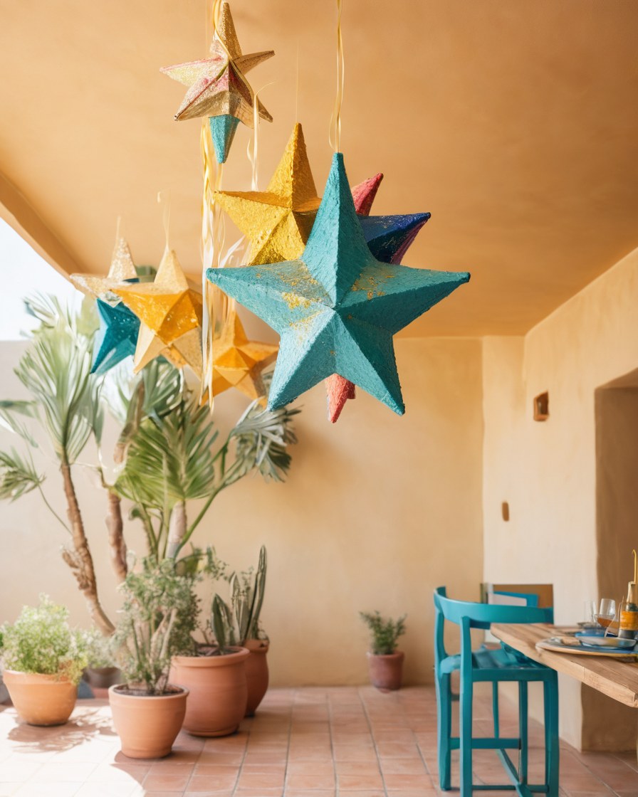 Piñata de estrella colgada sobre un patio con confeti dorado