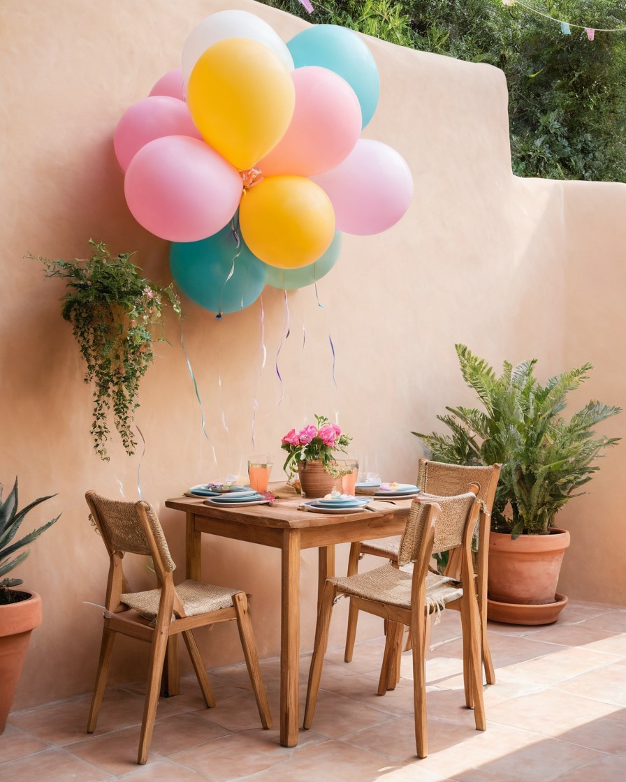 Patio decorado y mesa puesta antes de que lleguen los invitados, con un racimo de globos pastel sobre el muro