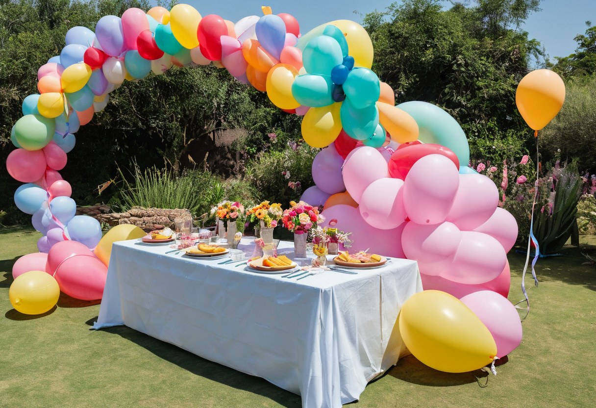 Jardín montado con brincolín, arco de globos y mesas vestidas antes de la fiesta