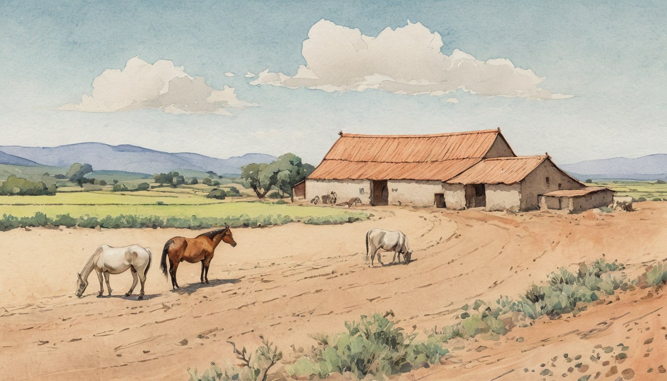 Panorama acuarelado de una finca forrajera del altiplano mexicano con ganado pastando, surcos sembrados y un granero a lo lejos