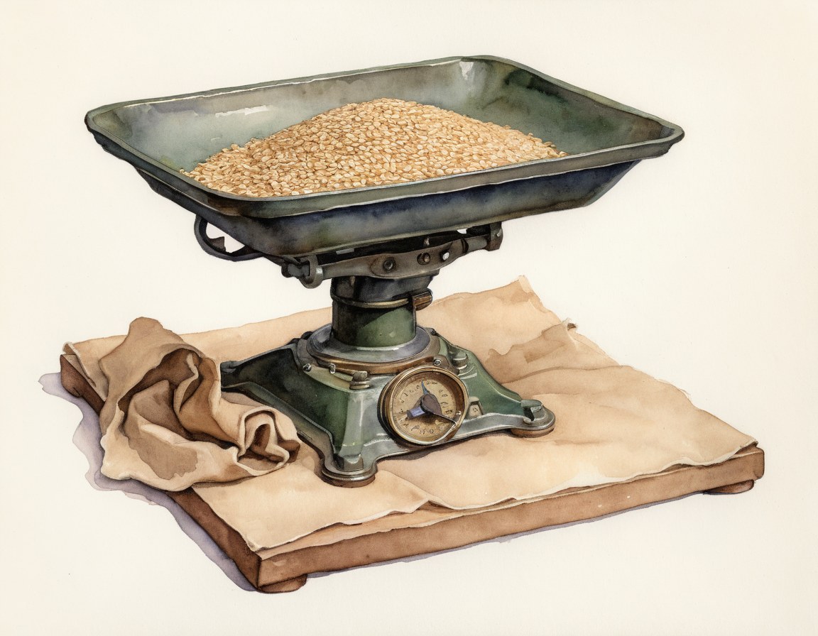Báscula de piso de hierro con un costal de grano encima