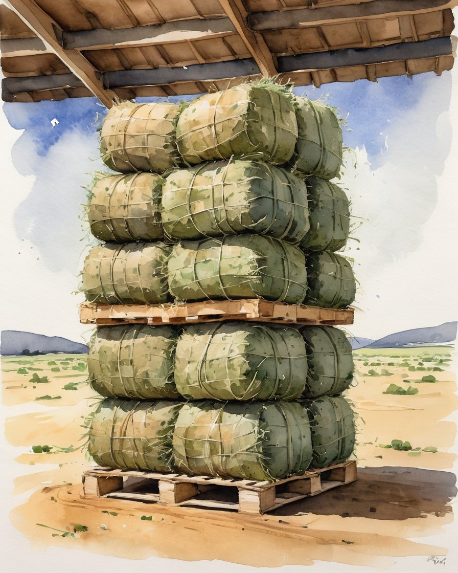 Pacas de alfalfa verdes apiladas sobre tarima de madera, bajo techo