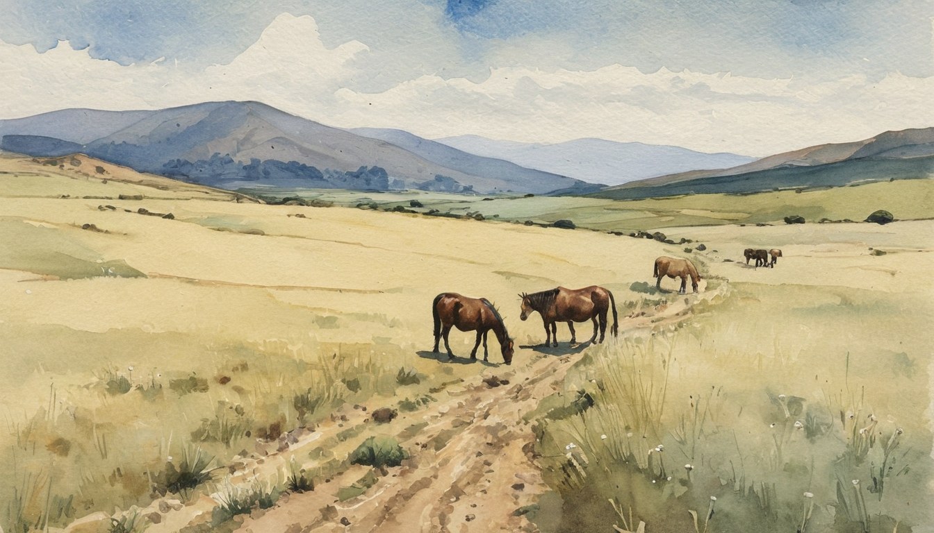 Potrero de tierra alta al amanecer, con ganado y caballos pastando a lo lejos
