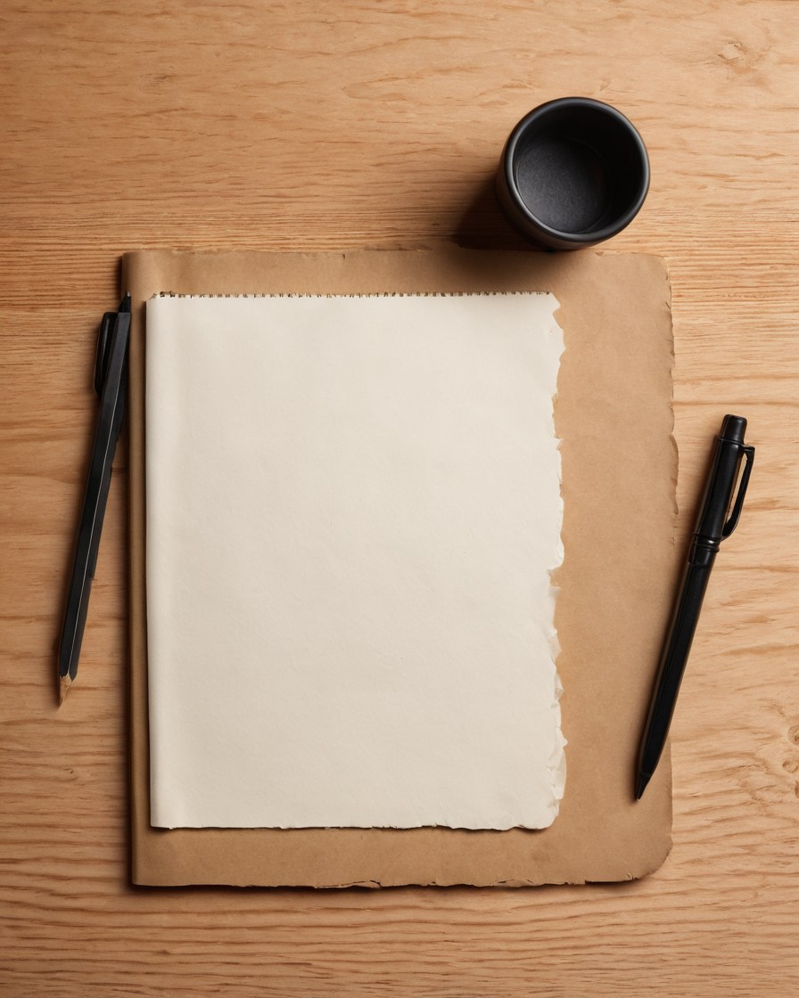Vista cenital de papeles deckle, un cuaderno en blanco y trazos de grafito