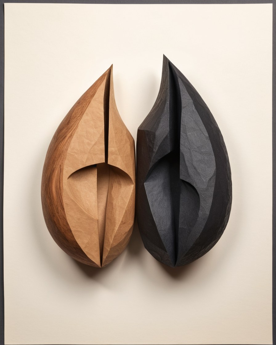 Dos formas abstractas talladas enfrentadas sobre papel hecho a mano