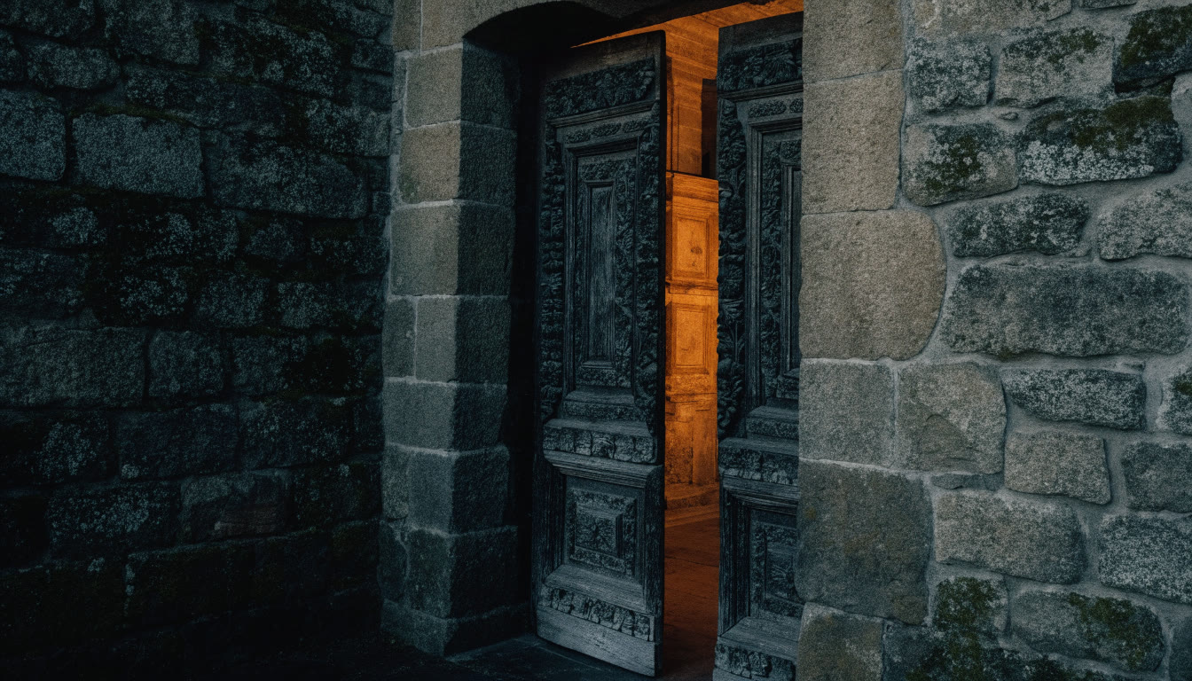 Portón de piedra con la puerta de madera entreabierta al atardecer