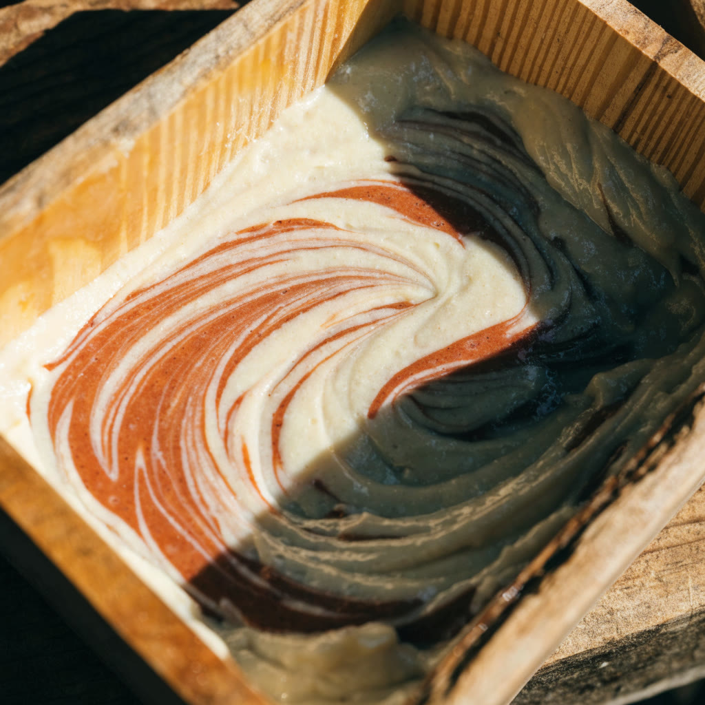 Mezcla de jabón crema y terracota recién vertida en un molde de madera