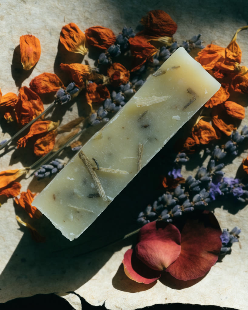 Pétalos de caléndula, lavanda y rosa junto a una barra de jabón botánico