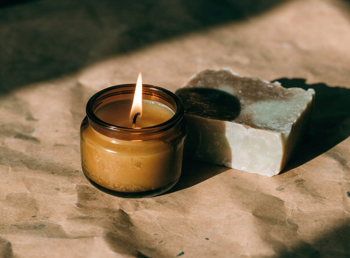 Vela en vaso de vidrio ámbar encendida junto a una barra de jabón sobre papel terracota