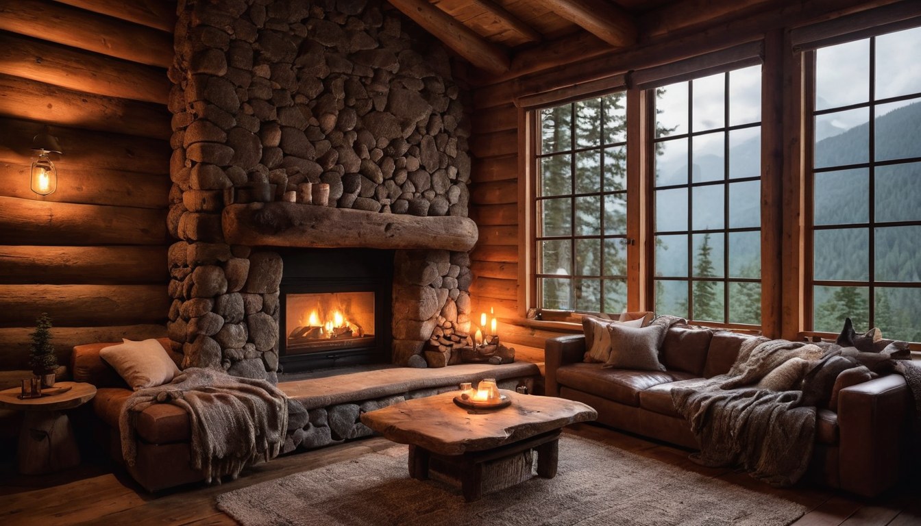 Interior cálido de cabaña con chimenea