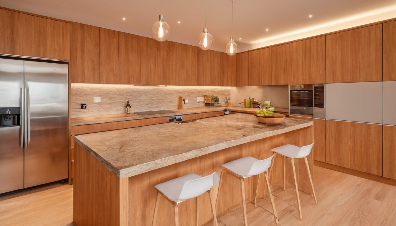 Cocina integral moderna con gabinetes de madera e isla central
