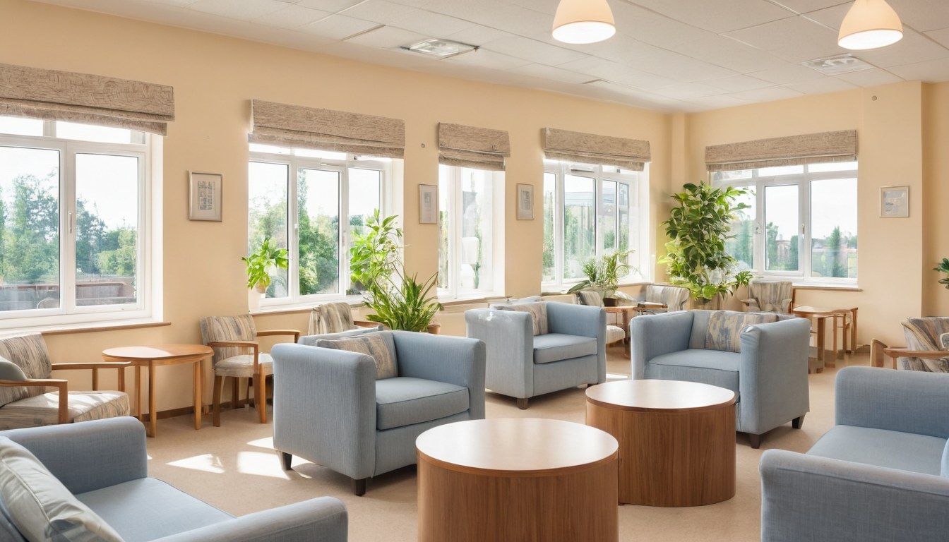 Sala común luminosa de estancia para adultos mayores en Ciudad de México