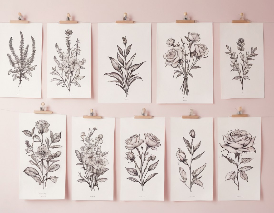 Pared de flash art en estudio de tatuajes de Ciudad de México — diseños botánicos, geométricos y tradicionales
