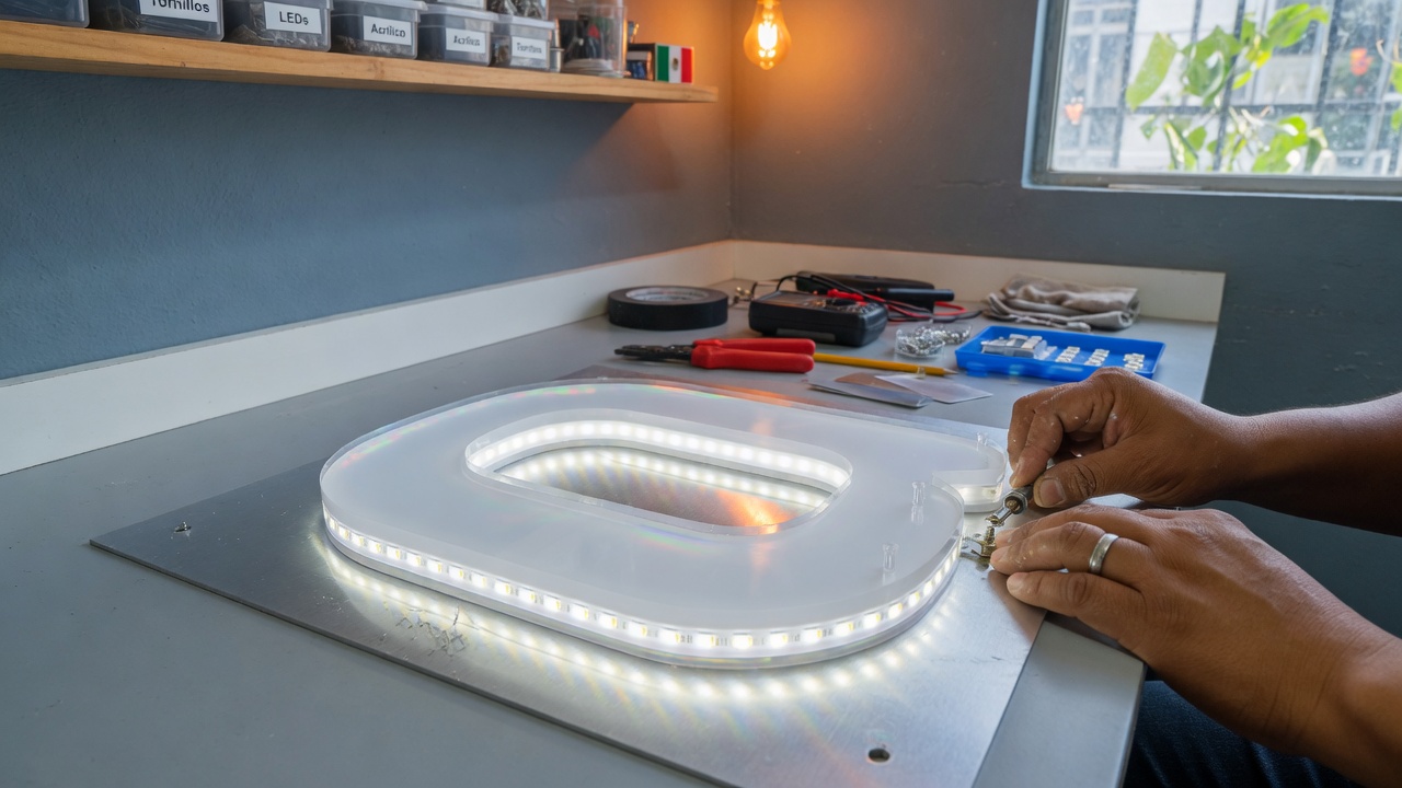 Fabricación artesanal de letreros luminosos LED en taller de Ciudad de México