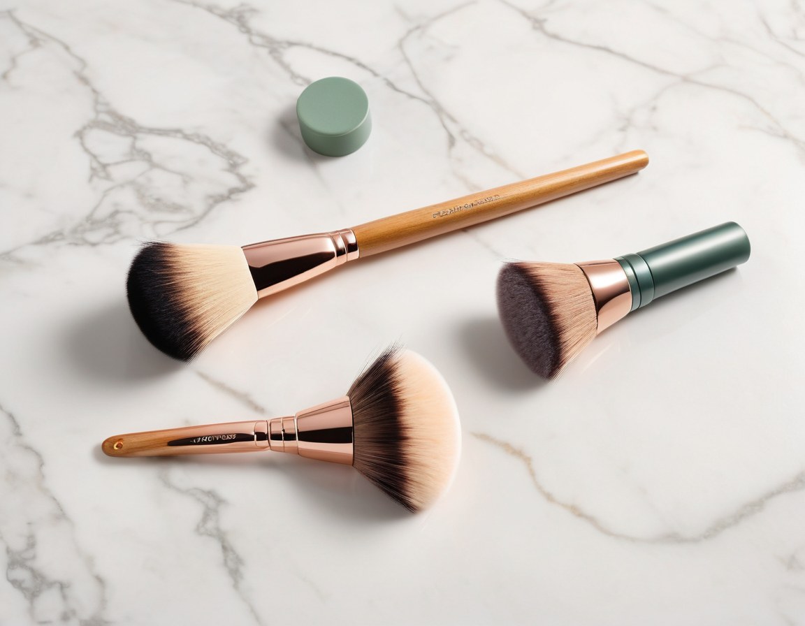 Brochas profesionales de maquillaje sobre superficie de mármol