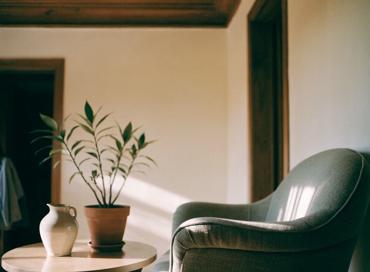Rincón del consultorio con sillón y planta
