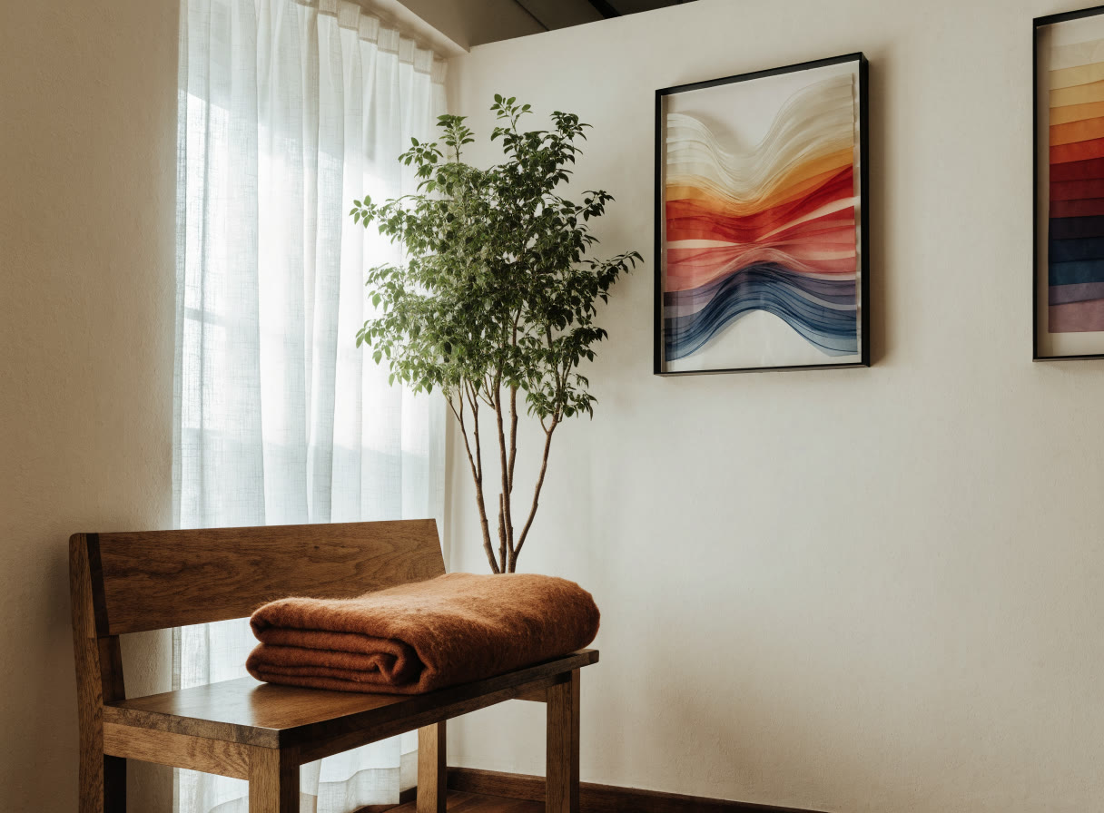 Sala de espera con banca de madera y planta