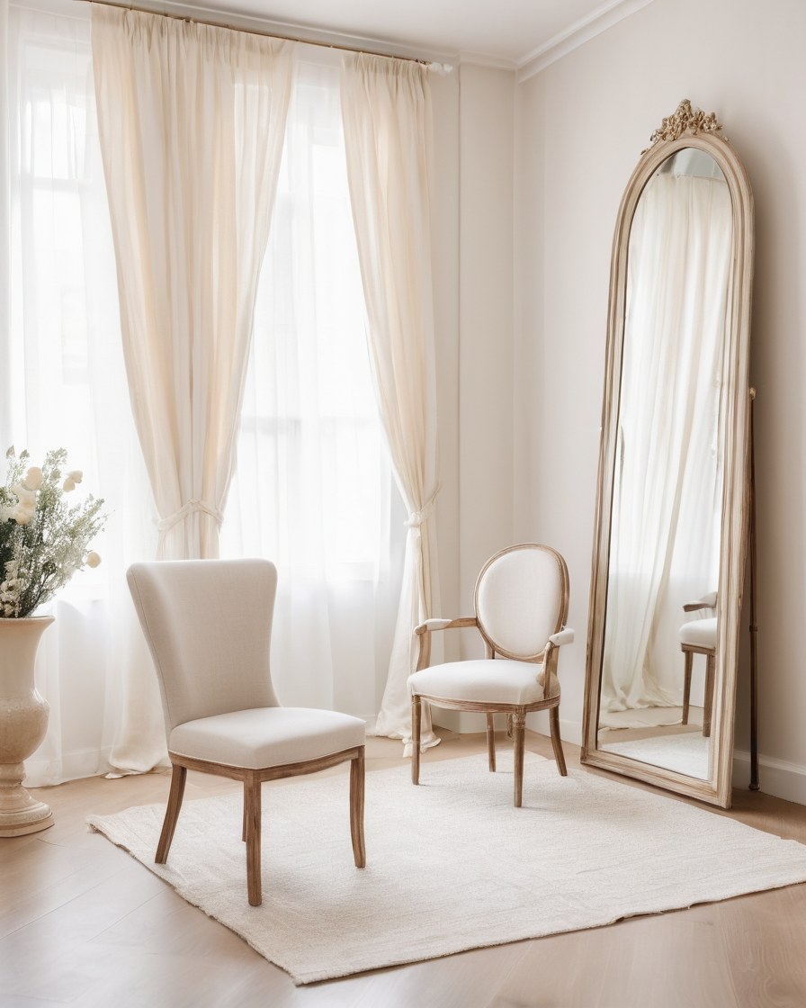 Salón de pruebas luminoso con cortina de lino, sillón y muestras de tela