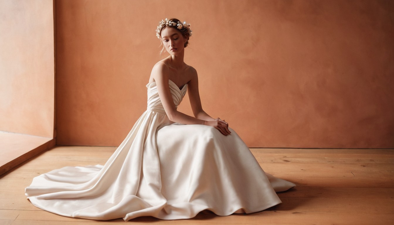 Novia sentada con un vestido marfil de flores aplicadas a mano en un estudio cálido