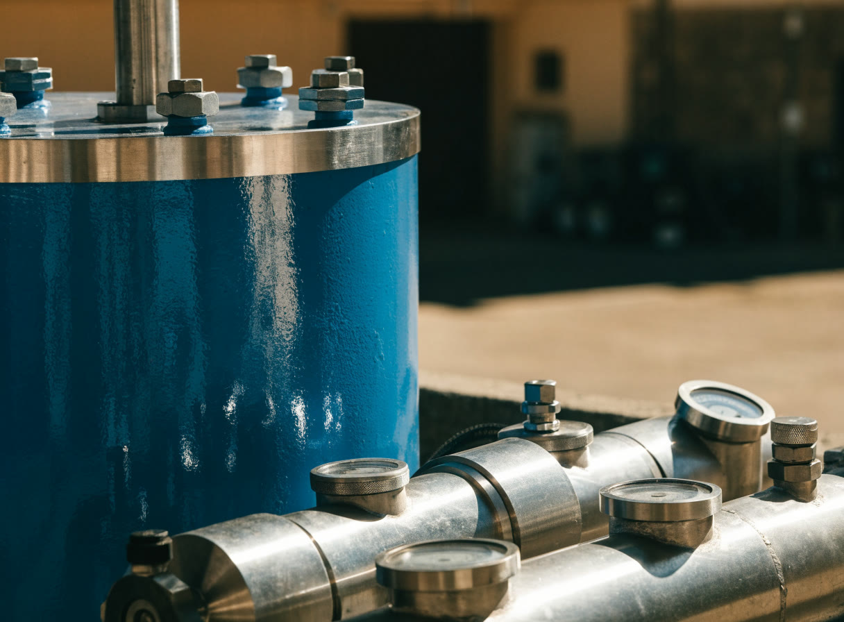 Tanque de presión azul junto a un cabezal de válvulas de acero