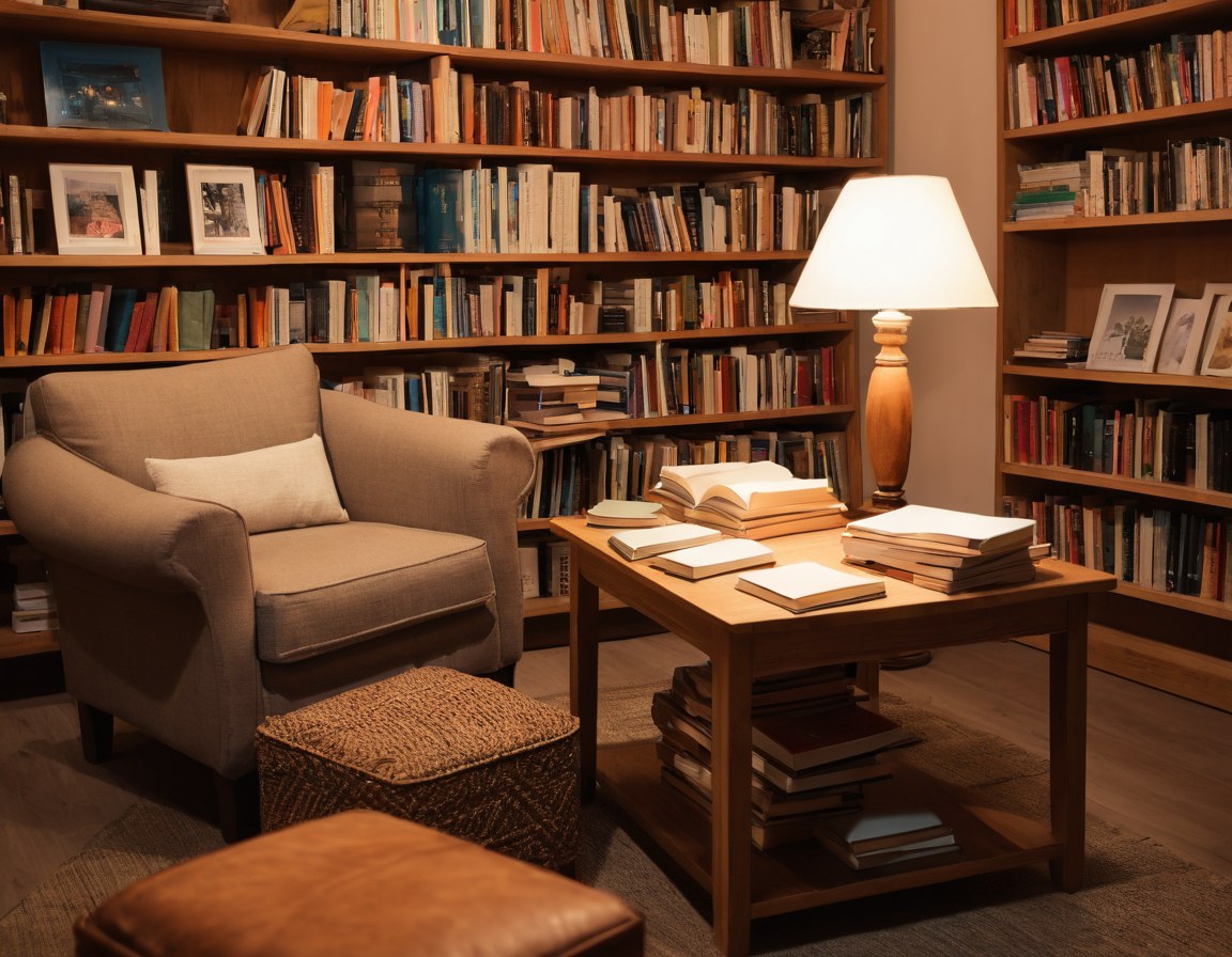 Mesa de lectura con pilas de libros, tarjetas en blanco y una lámpara cálida