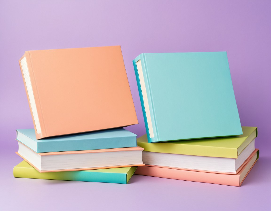 Dos libros grandes de pasta dura y un paquete de libros envuelto en papel de rayas onduladas