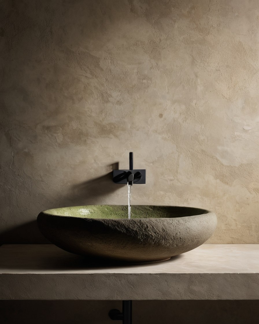 Agua mineral en reposo dentro de una vasija de piedra, con cantos rodados y luz baja