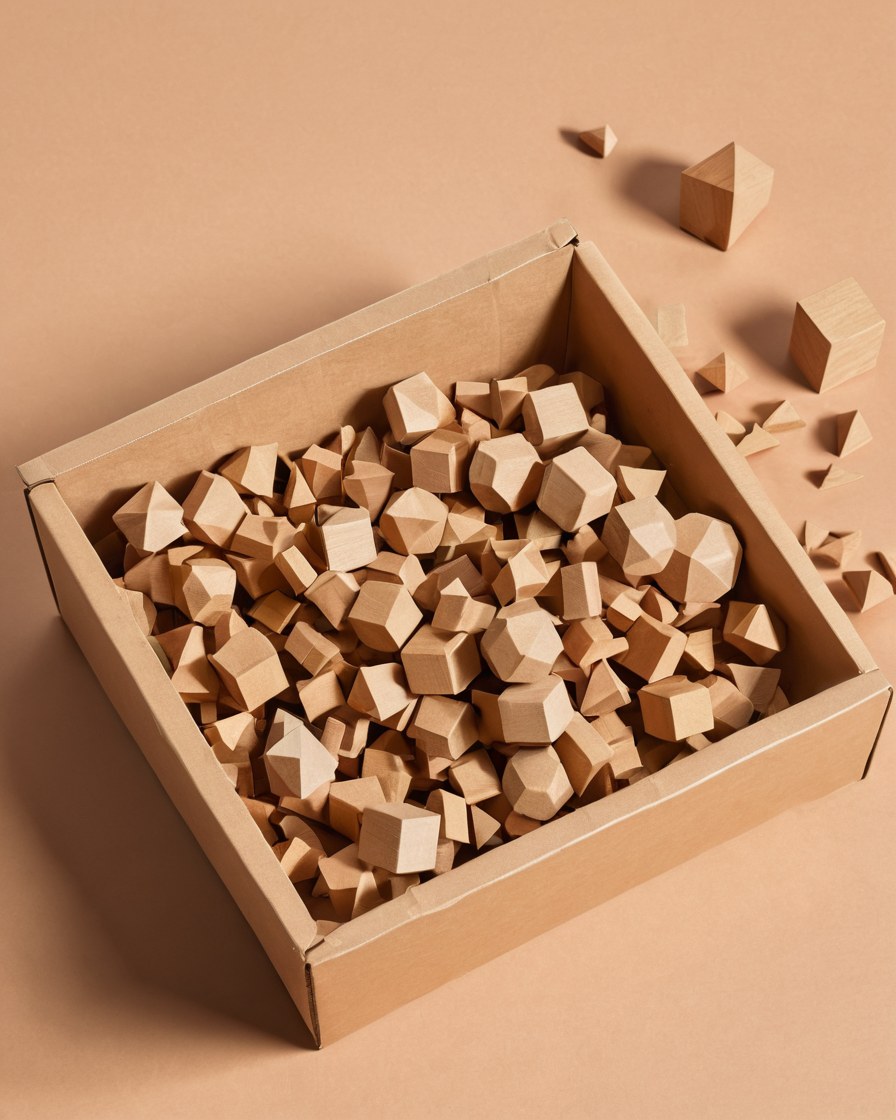 Caja de cartón abierta con figuras geométricas de madera ordenadas a su alrededor