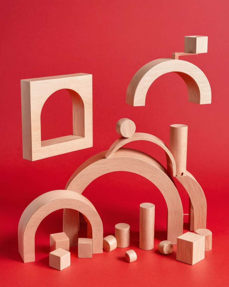 Juego de construcción de madera con arcos, cilindros y cubos sobre papel rojo